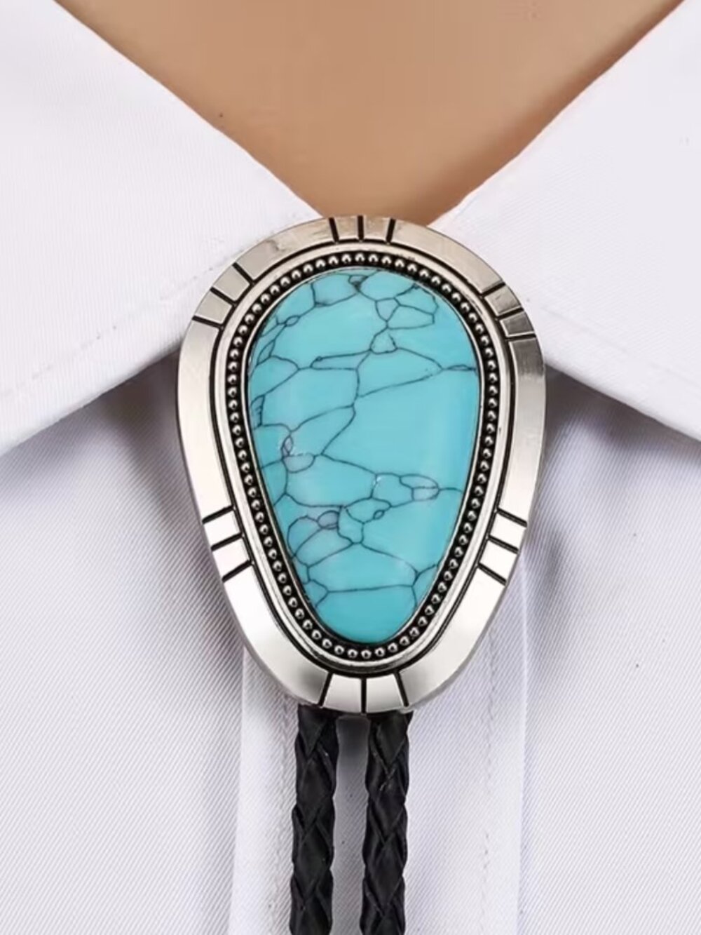 NWT Faux Turquoise Bolo-Tie Western Cowboy Faux Leather Silvery Lansong Crack